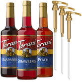 Torani pack 3 frutales frente mostrando botellas y pumps, facilita mezcla consistente