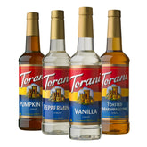 Torani pack festivo frontal mostrando las cuatro botellas para variedad de bebidas