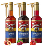 Torani pack frontal con frambuesa, fresa y durazno mostrando botellas claras y atractivas