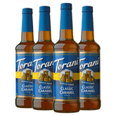 Torani pack frontal mostrando botellas de caramelo sin azúcar, opción práctica
