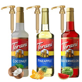 Torani pack frontal con botellas de Coconut, Pineapple y Watermelon para variedad veraniega