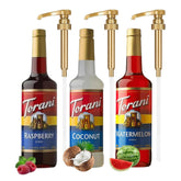 Torani pack frontal mostrando las tres botellas y variedad de sabores para usar