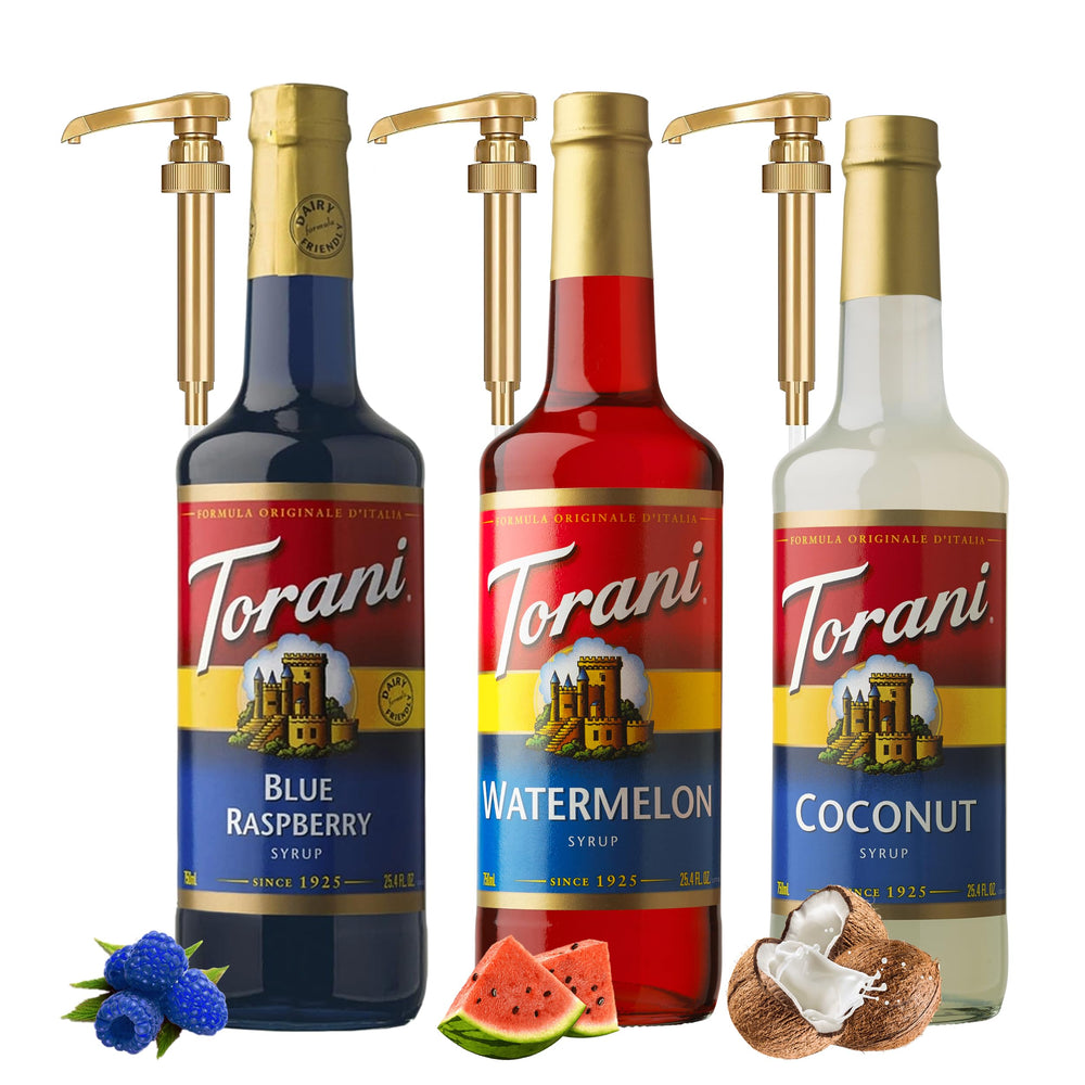 Torani pack frontal mostrando tres botellas para variedad inmediata