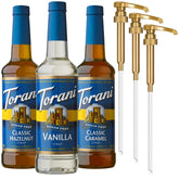 Torani pack frontal con tres botellas sin azúcar mostrando facilidad de uso