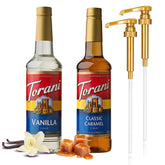 Torani pack frontal con botellas de vainilla y caramelo y dos bombas Jimoco, sabor profesional
