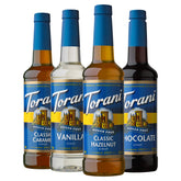 Torani pack frontal mostrando las cuatro botellas y diversidad de sabores