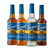 Torani pack frontal mostrando las cuatro botellas y beneficios sin azúcar