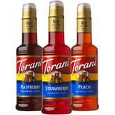 Torani pack frutal frente mostrando botellas y colores vibrantes para bebidas