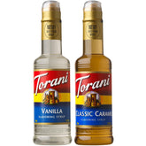 Torani pack frontal mostrando botellas de vainilla y caramelo para bebidas