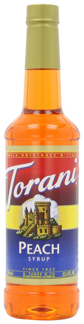 Torani PEACH frontal mostrando la etiqueta y volumen 750 ml, útil para identificar producto