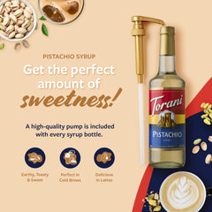 Latte con Torani Pistachio decorado que realza sabor y aroma