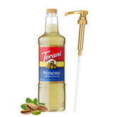 Torani pistachio botella frontal mostrando tamaño y diseño práctico