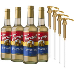 Botella Torani Pistachio frontal mostrando etiqueta y vidrio
