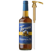 Torani botella frontal con pump mostrando etiqueta otoñal y uso fácil