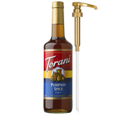 Botella Torani Pumpkin Spice frontal mostrando diseño y tamaño 750 ml, ideal para cafés