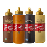 Torani botella frontal del pack mostrando etiquetas claras y práctico envase exprimible