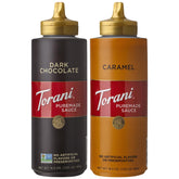Torani botella frontal del dúo Puremade mostrando caramelo y chocolate