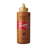 Torani botella frontal mostrando etiqueta y sabor pumpkin pie, aporta aroma otoñal