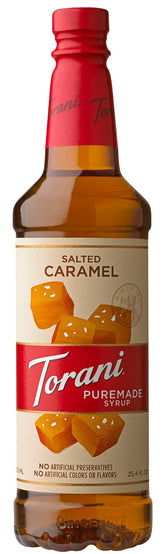 Torani Puremade jarabe caramelo salado vista frontal, envase claro y etiqueta legible