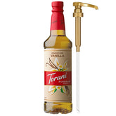 Torani Puremade vainilla vista frontal mostrando etiqueta clara y tamaño 750 ml