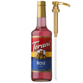 Torani botella frontal mostrando jarabe de rosa y utilidad en bebidas