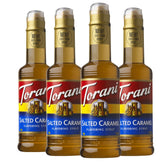 Torani saltado caramel frontal pack mostrando las cuatro botellas y uso inmediato