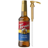 Torani jarabe caramelo salado vista frontal y botella completa, conveniencia