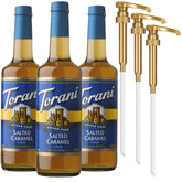Torani botella frontal mostrando pack de tres y beneficio de sabor sin calorías