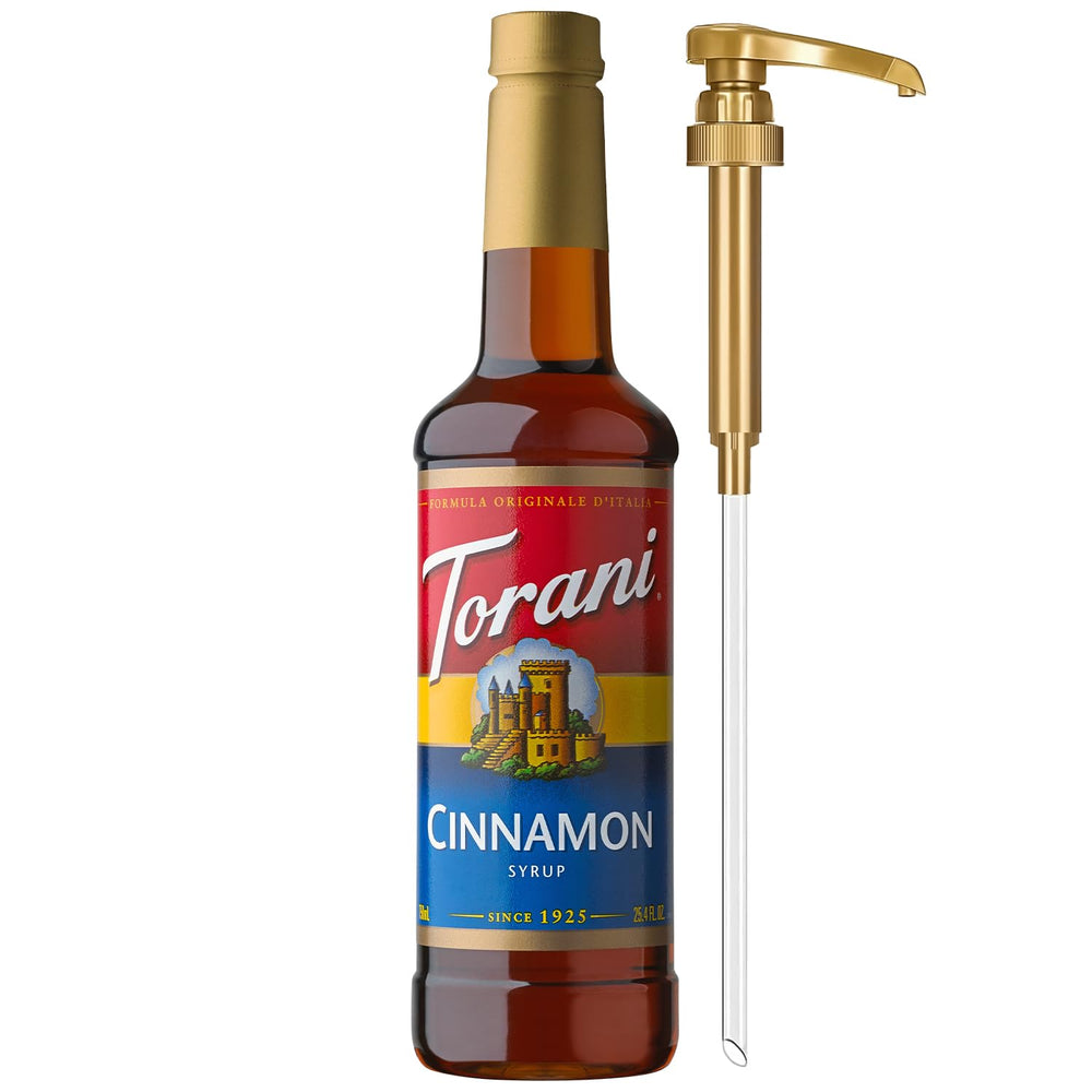 Torani botella frontal de sirope de canela mostrando etiqueta y volumen de 750 ml