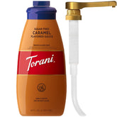 Torani botella frontal mostrando salsa caramelo sin azúcar y envase grande