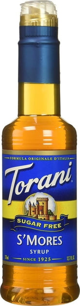 Torani jarabe S'mores frente del envase mostrando etiqueta y uso fácil