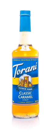 Botella Torani SugarFree Classic Caramel vista frontal con etiqueta clara y tapa dosificadora, ideal para cafeterías