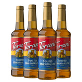 Torani botella frontal que muestra el jarabe tostado y su aroma atractivo
