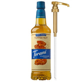 Torani botella frontal que muestra sabor toffee nut y uso fácil