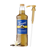 Torani botella 1L de Sugar Free French Vanilla vista frontal con bomba, conveniencia de servicio