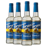 Torani jarabe vainilla pack de 4 mostrando botellas frontales y ahorro