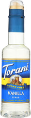 Torani botella frontal del pack de 4 mostrando etiqueta clara y tamaño práctico
