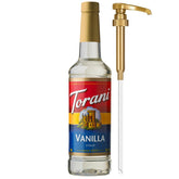 Torani vainilla vista frontal con etiqueta clara y tamaño de 750 ml