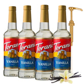 Torani botella frontal pack de cuatro mostrando etiqueta y volumen, conveniencia profesional