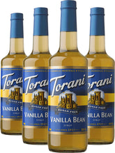 Torani vainilla frente mostrando botella y marca, aporta sabor consistente