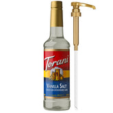 Torani botella frente mostrando etiqueta y volumen, ideal para cafés