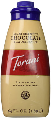 Torani botella frontal de salsa white chocolate sin azúcar mostrando etiqueta clara y tamaño