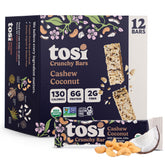 Tosi frente del empaque mostrando sabor cashew coconut y conveniencia