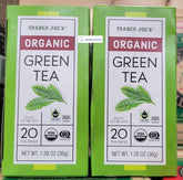 Trader J caja frontal del té verde orgánico mostrando cantidad y diseño, conveniencia inmediata