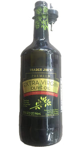 Trader Joe's botella frontal del aceite de oliva virgen extra con presentación clara y conveniente