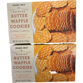 Trader Joe's frente del empaque mostrando galletas waffle y beneficios de compartir