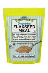 Trader Joe's empaque frontal de harina de linaza orgánica sin gluten, presentando fácil uso