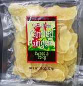 Trader Joe's paquete frontal de jengibre cristalizado, muestra tamaño y diseño práctico
