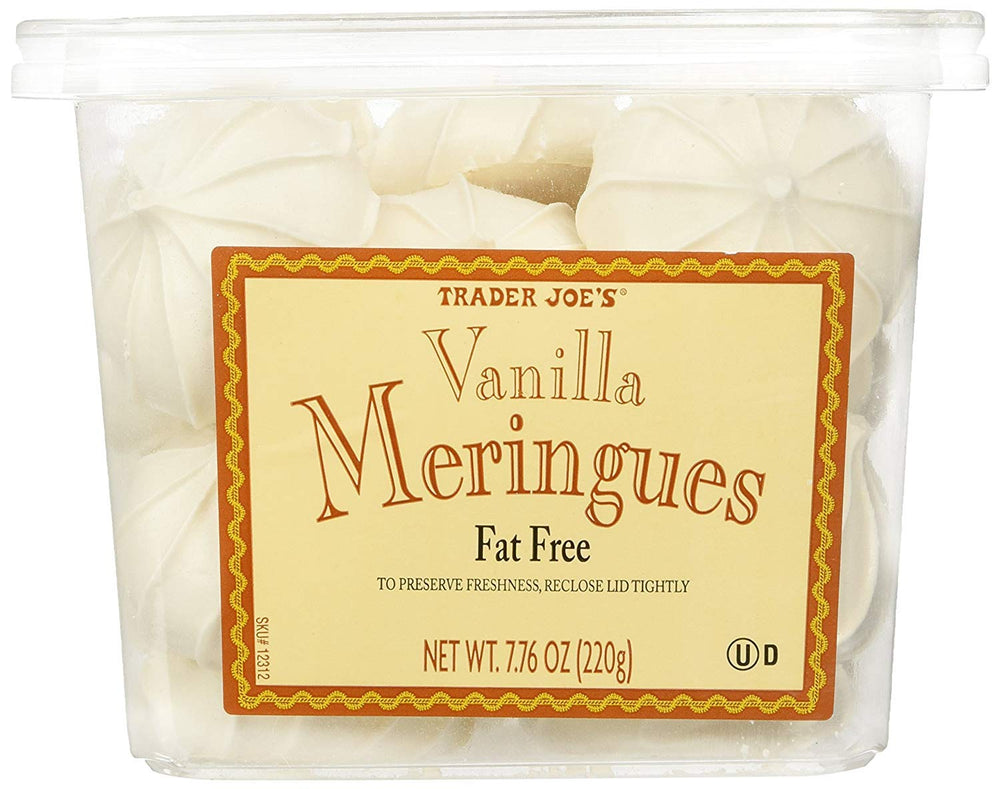 Trader Joe's merengues vainilla paquete frontal mostrando galletas crujientes y atractivo empaque
