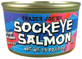 Trader Joe's salmón sockeye en lata frontal con etiqueta visible y conveniencia
